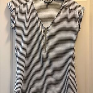 Express Women's White and Black Striped Short Sleeve Zip Top